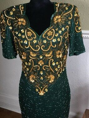 Laurence Kazar Dark Green Evening Dress with Gold Embellishment